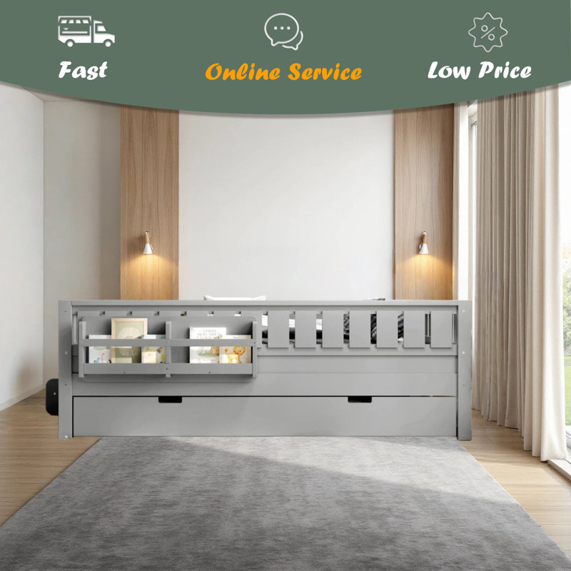 Lit, bibliothèque intégrée, petit escalier, rails de sécurité de haute qualité et lit gigogne, Lit double, Gris