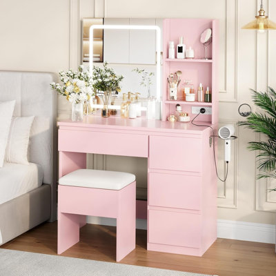 Vanity Desk With Led Mirror, Makeup Vanity Desk With 4 Drawers, Power Outlets, Storage Stool, Storage Shelves & Hair Dryer Holder , Adjustable 3 Lighting Modes, Makeup Vanity Set For Bedroom