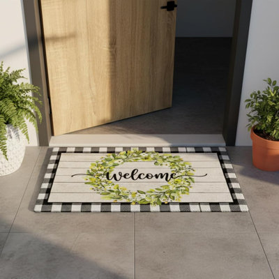Welcome Mat 17X29 Inch Spring Summer Outdoors Indoors Front Door Mat, Low Profile Doormat For Outside Inside Home Entrance, Non Slip Rubber Back Floor Rugs For Entryway, Wreath