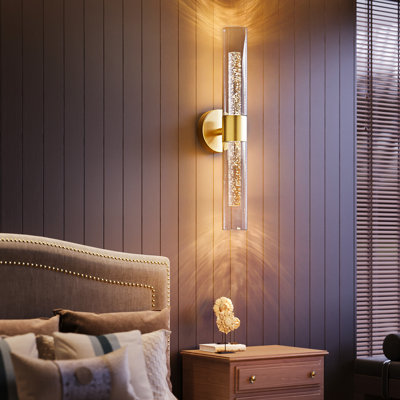 Extra Large 21.5" Modern Cordless Wall Sconce - Rechargeable LED Wallchiere with Bubble Crystal Glass Shade & Remote, Brushed Gold
