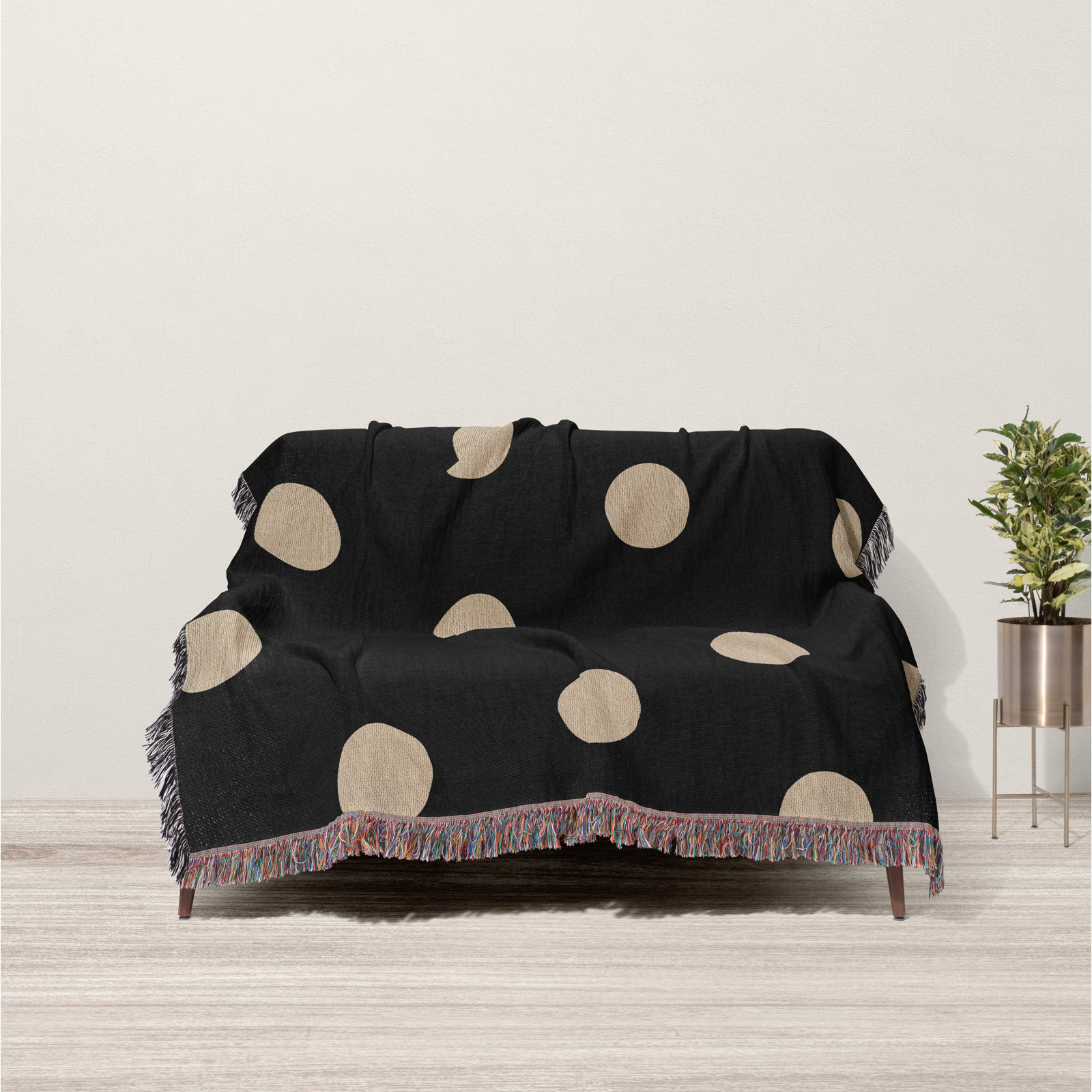 Leonore Cotton Hand Woven Throw Blanket, Black/Beige, 60" x 80"- Queen