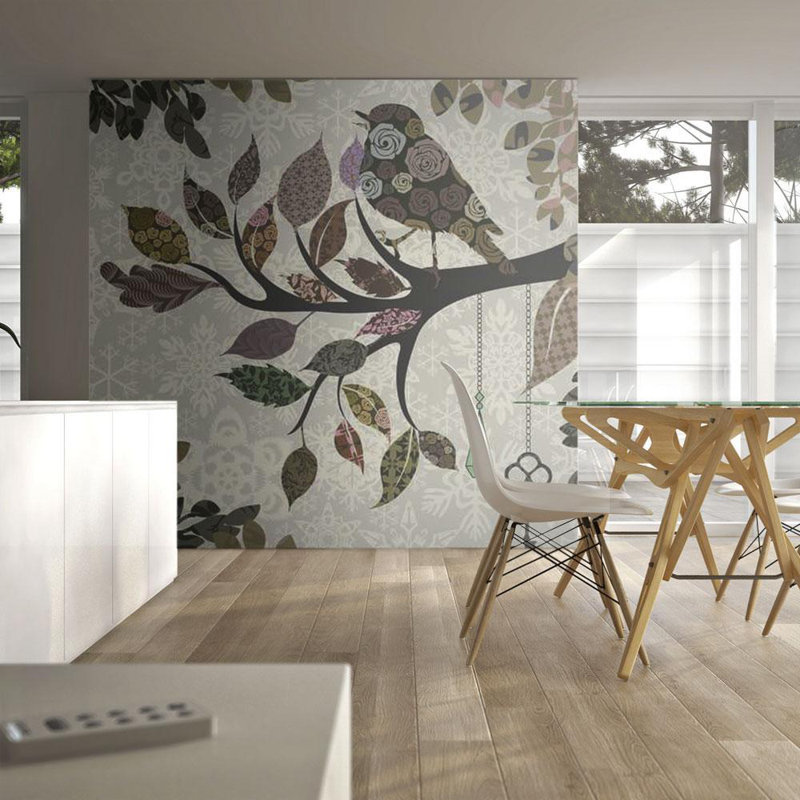 Murale branche d'arbre avec patchwork d'oiseaux, L 7,5 pi x l 9,83 pi
