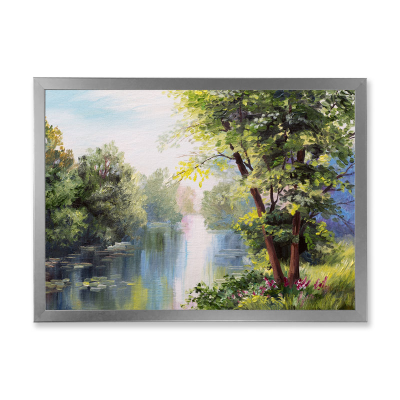 Paysage - Lac dans la forêt, journée d'été - paysages, art mural sur toile, Cadre argenté, H 24 po x l 32 po x P 1 po