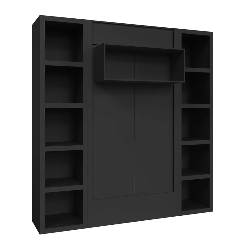 Lit escamotable Easy-Lift en grain de bois avec deux étagères, Lit simple, Noir