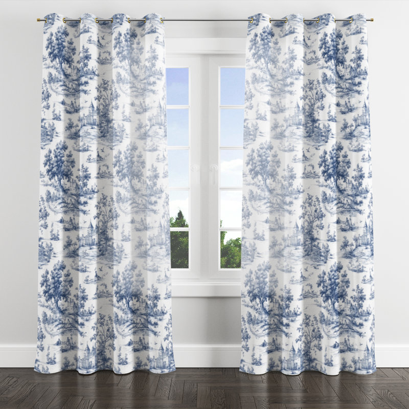 French Country Window curtains - Blue Classic Toile Grommet Curtain - 1 Panel, Gold Grommets, 52" W x 84" L