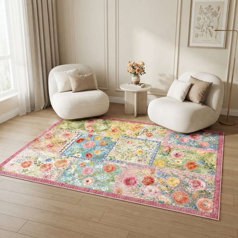 Tapis patchwork floral 120 x 180 cm, imprimé floral aquarelle vintage, tapis à poils courts lavable, envers antidérapant, style bohème champêtre, idéal pour le salon, la chambre ou la salle à manger.