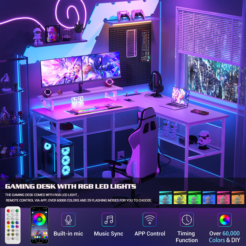 Toria 55'' L-Shaped Desk with Storage, Power Outlets and LED Strip, White/White