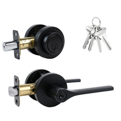 Door Handle Exterior with Deadbolt Set,Keyed Alike Front Door Handle Roundness Heavy Duty Door Handle with Deadbolt Locks, Deadbolt Lock and Door Knob Set for Exterior Doors Matte Black, 1Pack