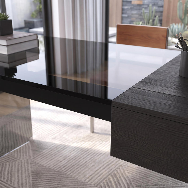 Bureau rectangulaire en verre de 135 cm (53,14 po) avec tiroir en bois, en verre trempé noir, idéal pour la maison, le bureau ou l'espace de travail.