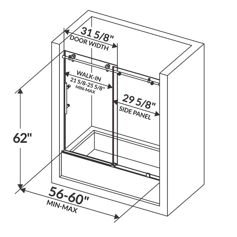 Cayman 56"- 60" W x 62" H Bathtub Door with 10MM Tempered Glass, Satin Nickel