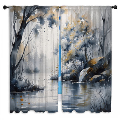 Watercolor Forest Scene Window Curtains Landscape Sheer & Room Darkening - 2 Panels