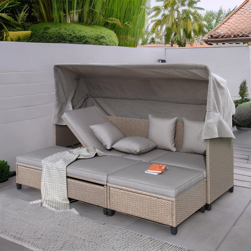 Ensemble de conversation modulaire en rotin avec coussins 4 pièces Shelbyville, Gris