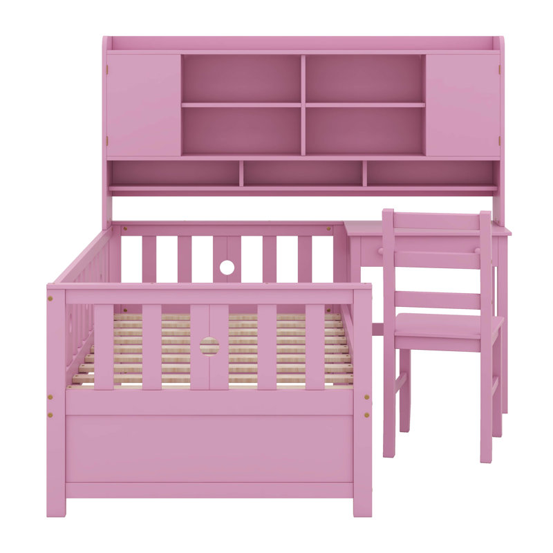 Multifunctional Wood Platform Bed With Bookshelf At The Head Of The Bed, Built-In Desk And Matching Chair, Pink