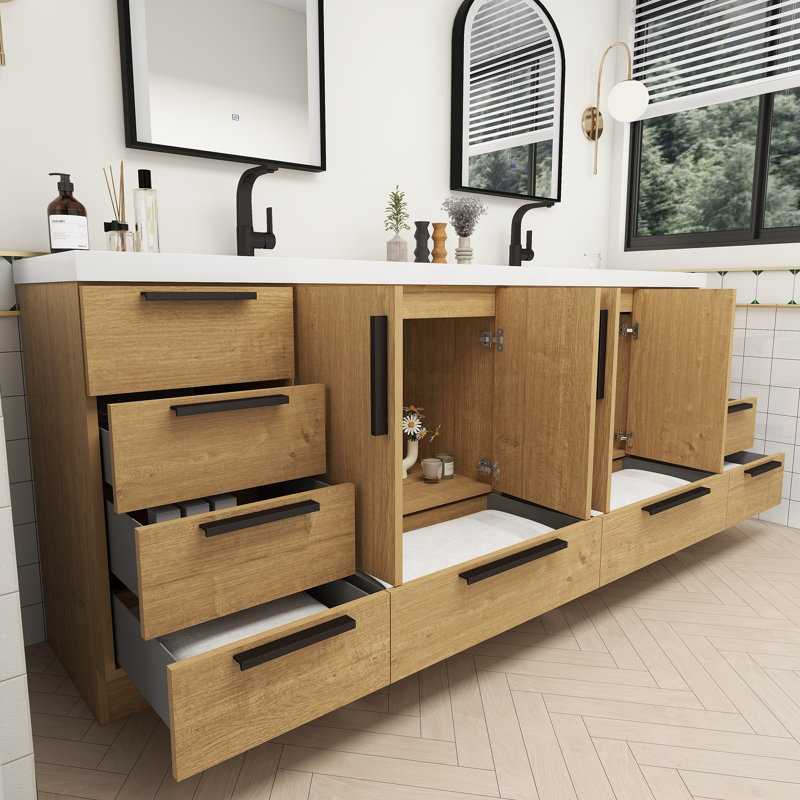 Carla Freestanding Bathroom Vanity with Double Sink, 83", Natural Oak