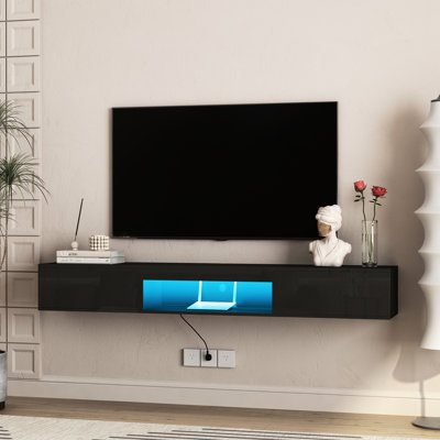 Meuble télé 69 po flottant avec 16 couleurs, fixé au mur pour une télé de 65 po ou 65 po, noir, porte ultrabrillante, système de rangement pour trous de câbles, lustré, support de charge robuste