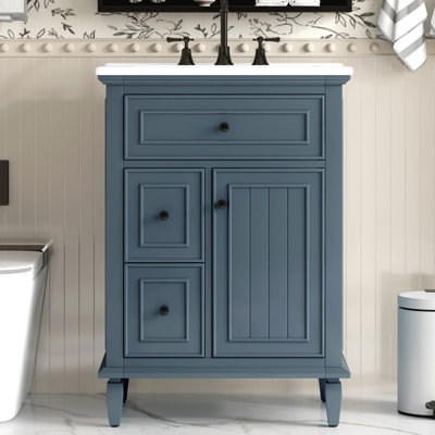24" Bathroom Vanity With Sink, Bathroom Vanity Cabinet With One Flip Drawer And Two Drawers, Adjustable Shelf, Solid Wood And MDF, Blue Gray