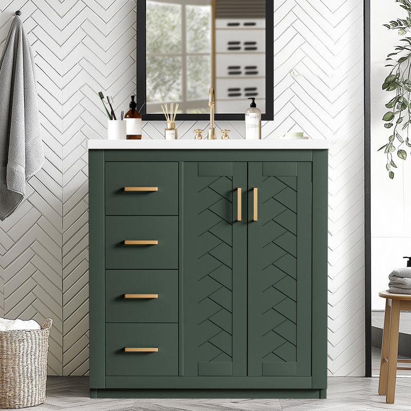 30'' Bathroom Vanity With Ceramic Sink Combo,Solid Wood Frame Bathroom Storage Cabinet, Green