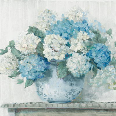 " Blue Hydrangea Cottage " by Carol Rowan Painting Print