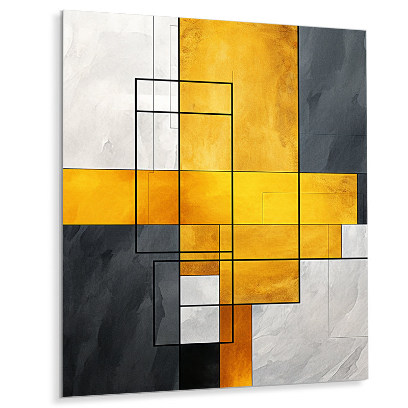 Jaune et gris fusion géométrique 4 - art mural géométrique en métal, H 32 po x l 16 po x P 1 po