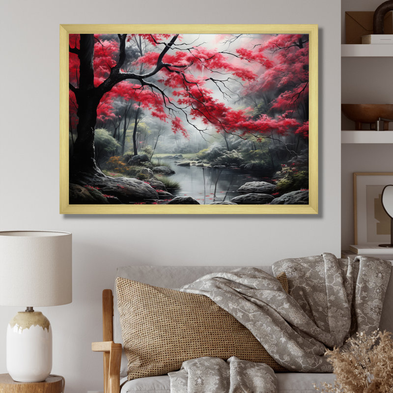 Berel minimaliste rouge forêt rouge III - impressions sur toile forêt, Cadre doré simple, H 16 po x l 32 po x P 1 po