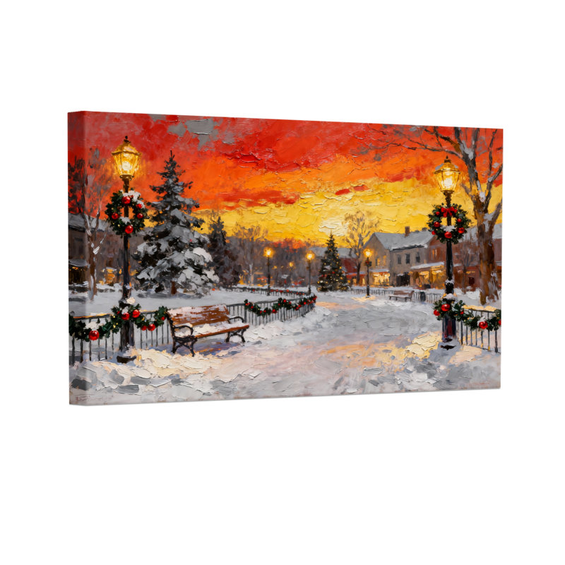 Ensemble de 3 impressions sur toile de Noël, coucher de soleil et parc d'hiver avec neige et lumières, H 20 po x l 30 po