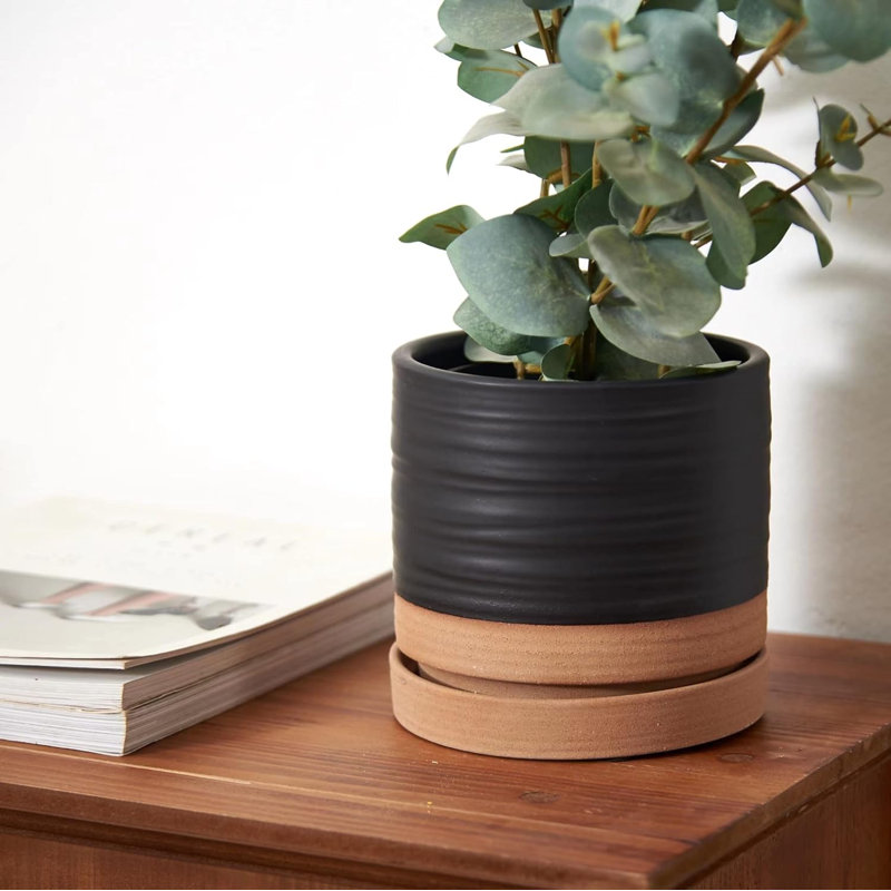 Jardinière en céramique 6 "avec drainage et soucoupe noir mat et brun