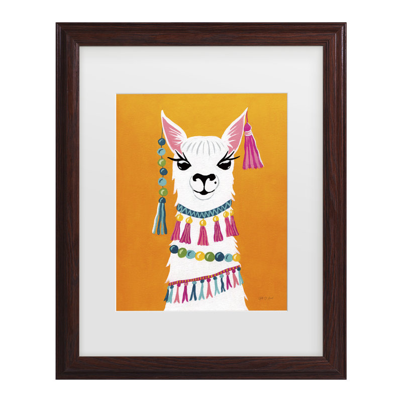 Œuvre encadrée, lamas de fêté, bolathèque, Cadre noyer, H 13,75 po x l 16,75 po