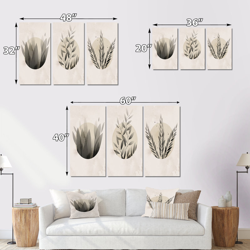 «Botanical Flower Silhouette on Retro III», ensemble de 3 impressions sur toile tendue, H 28 po x l 36 po