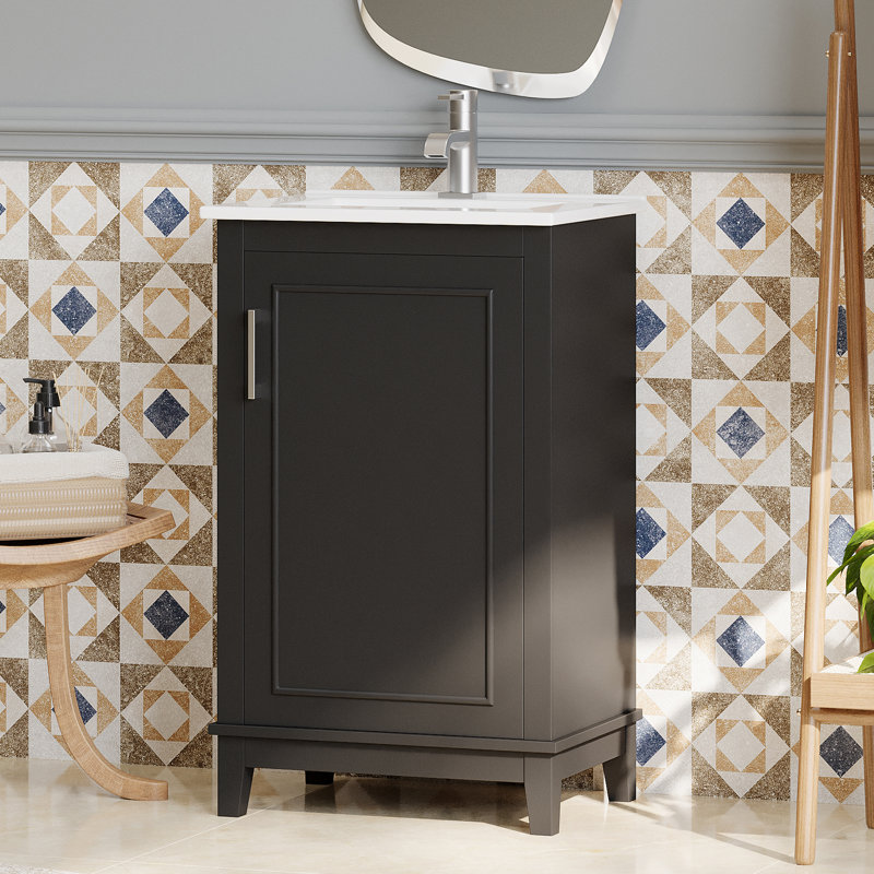 Petit meuble-lavabo 20 "avec lavabo en céramique , Noir, Argent argent