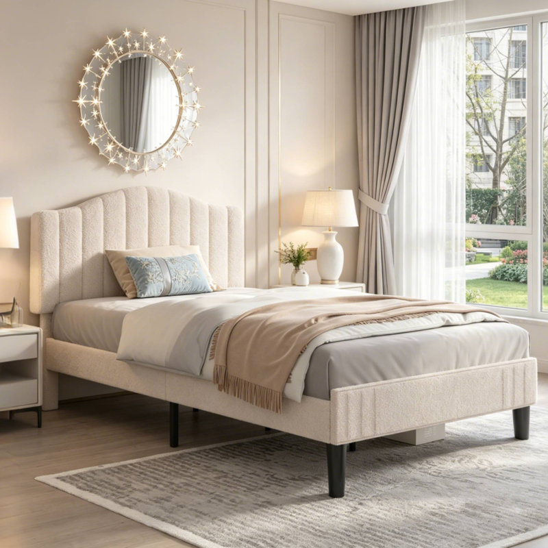 Aldora Twin Size Set Platform Bed with Adjustable Teddy Fabric Headboard, Beige