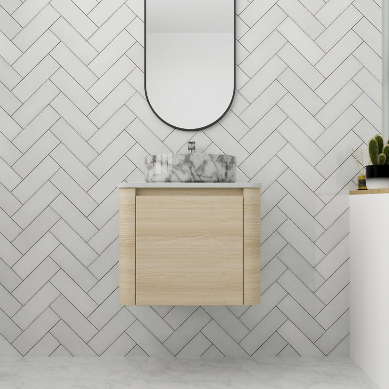 Meuble-lavabo flottant 24 po avec porte à fermeture en douceur, Beige, Blanc / Gris