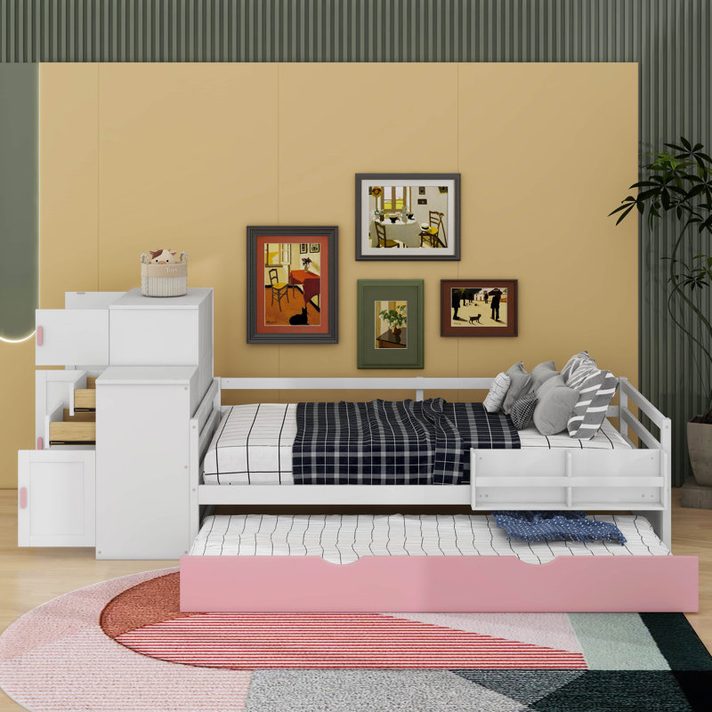 Lit plateforme simple en bois avec bibliothèque pour échantillon et garde-robe mobile, lit multifonctionnel avec lit gigogne intégré