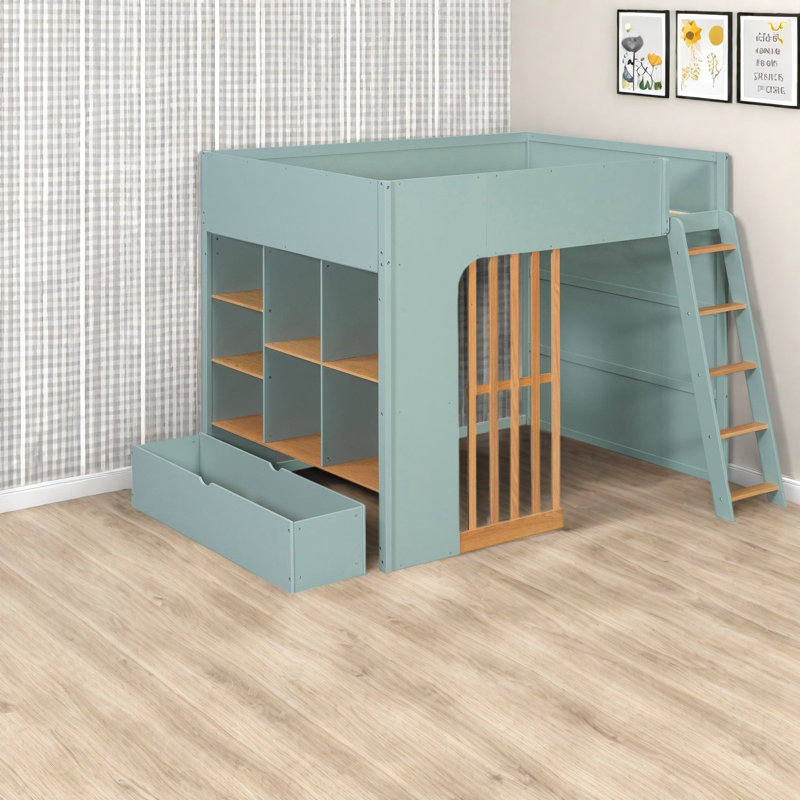 Lits avec étagères de rangement, mezzanine en MDF, chambre moderne Mint Home, Vert