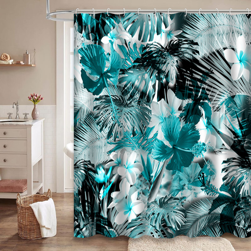 Rideau de douche abstrait à motif de feuilles de palmier tropical vert et bleu avec 12 crochets, L 72 po x l 78 po