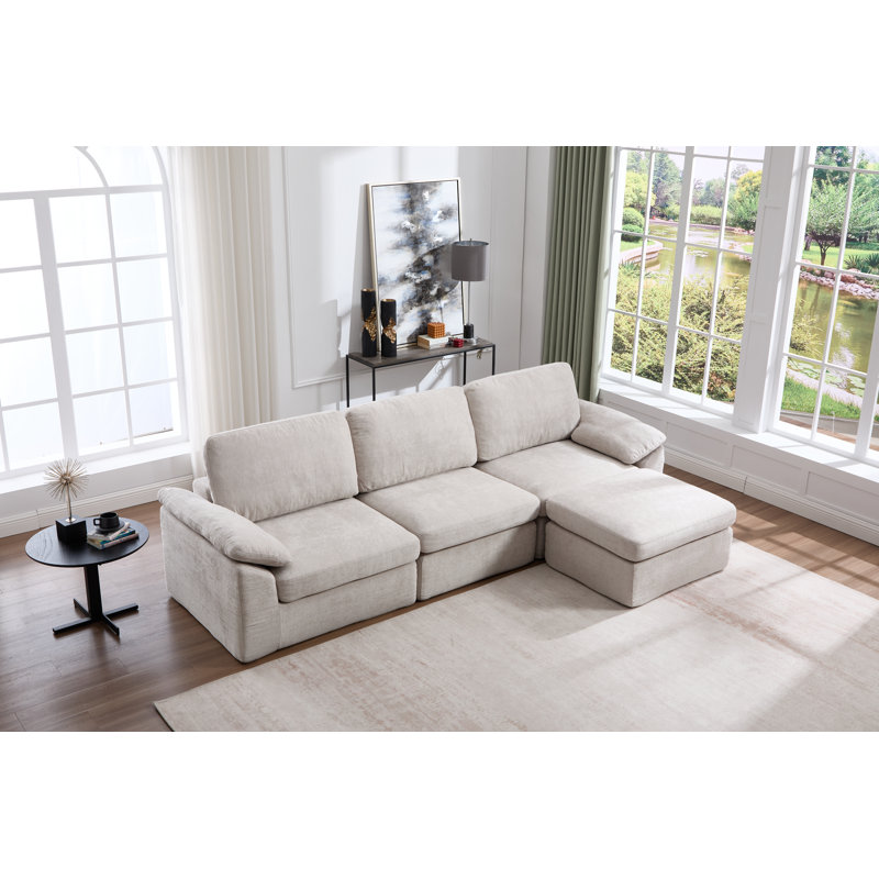 Canapé modulaire rembourré de 118,5 po de largeur avec repose-pieds, Polyester blanc