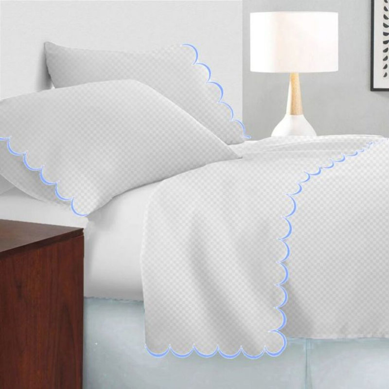 Allena 400TC Cotton Scallop Embroidery Sateen Microcheck Cotton 4 Piece Sheet Set Fitted Sheet Fits Upto 16" Deep Pocket