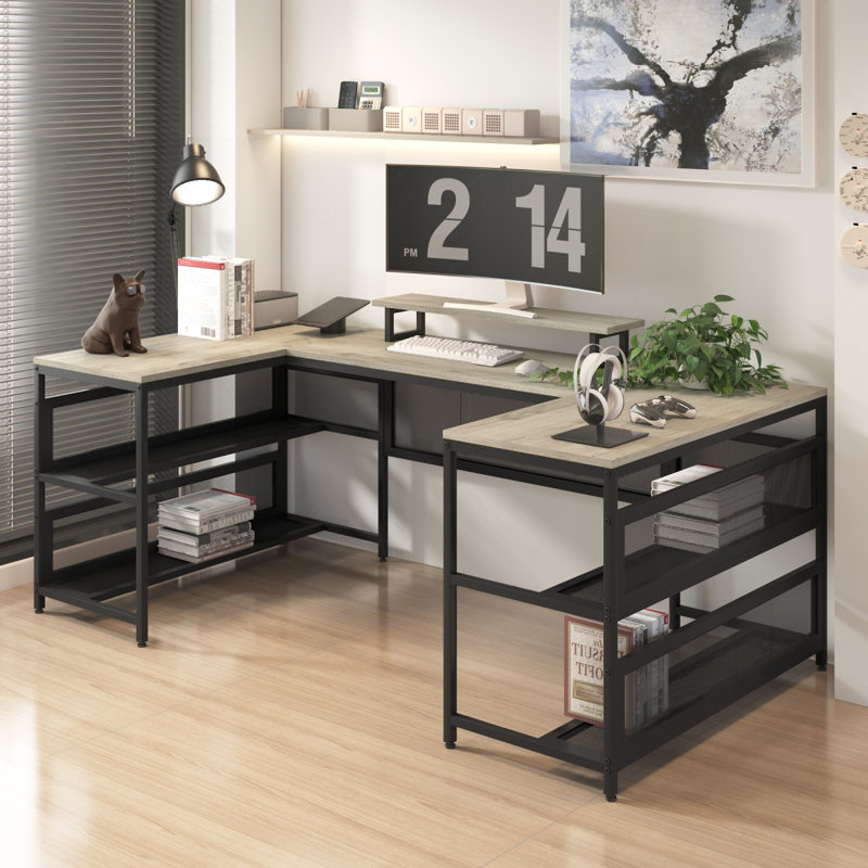 Bureau en forme de U avec prises de courant et support à bande et moniteur à DEL, bureau en forme de L avec tablette de rangement, bureau de jeu pour bureau personnel