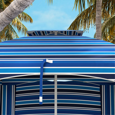 Double-top Beach Umbrella With Ruffled Walls, Vents, Sandbags, Carry Bag, Blue Stripe, Outdoor Delight At Portable Double Canopy, Companion