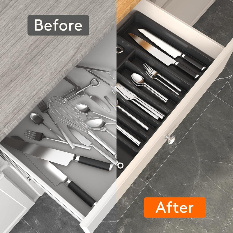 Expandable Utensil Tray, Large Capacity Cutlery Drawer Organizer, White