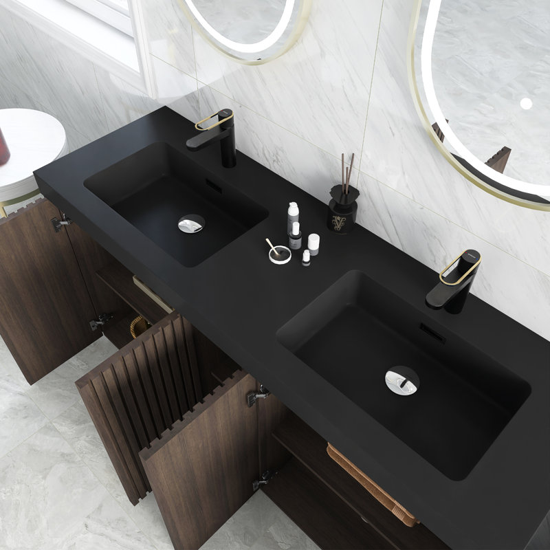 Meuble-lavabo double 60 po en chêne fumé avec lavabo noir, Noir