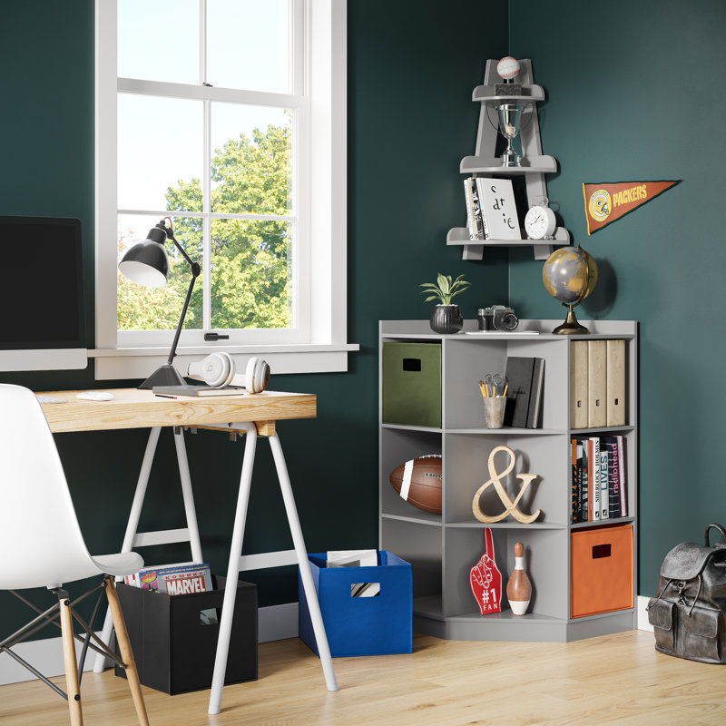 Gray Kids Corner Cabinet with 6 Cubbies and 3 Shelves