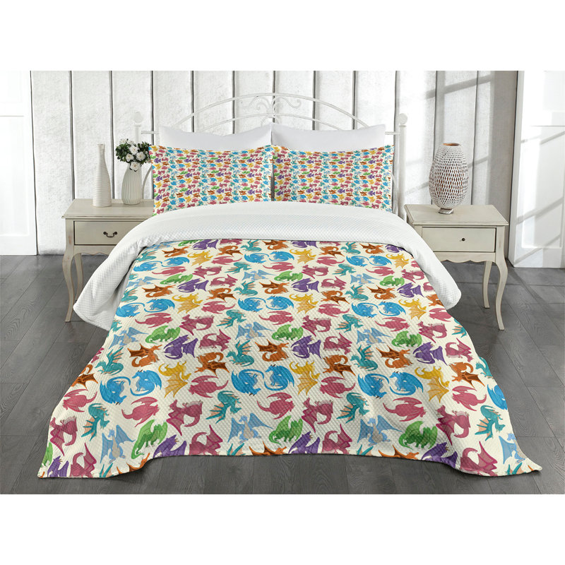 Ambesonne Dragon Bedspread Set Pattern Colored Multicolor, King Coverlet/Bedspread + 2 Standard Shams
