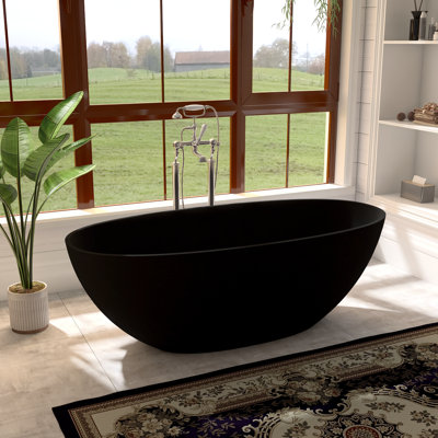 65" Freestanding Black Solid Surface Soaking Bathtub, Ergonomic Deep Soak, Modern Minimalist Design