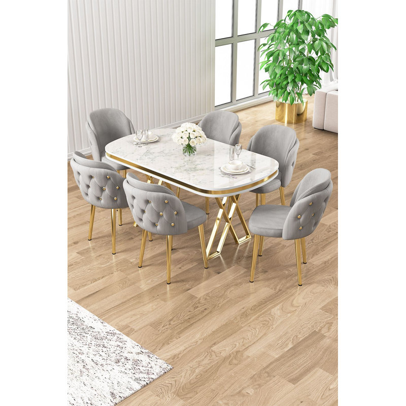 Dining Table & Chairs Set (7 Pieces), White Marble/Gold, 7 Pieces: Table, 6 Chairs, Gray