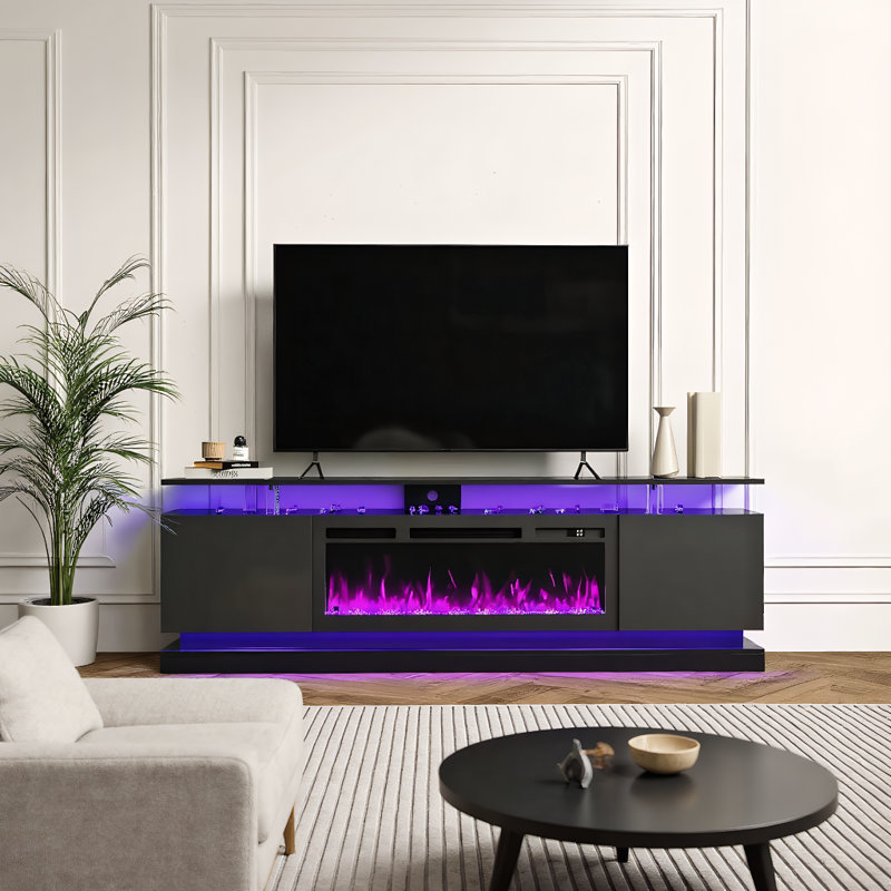 Fireplace TV Stand With LED Lights, Modern Entertainment Center For 80" -100" TV, 70" Wood Media TV Console Storage, Black