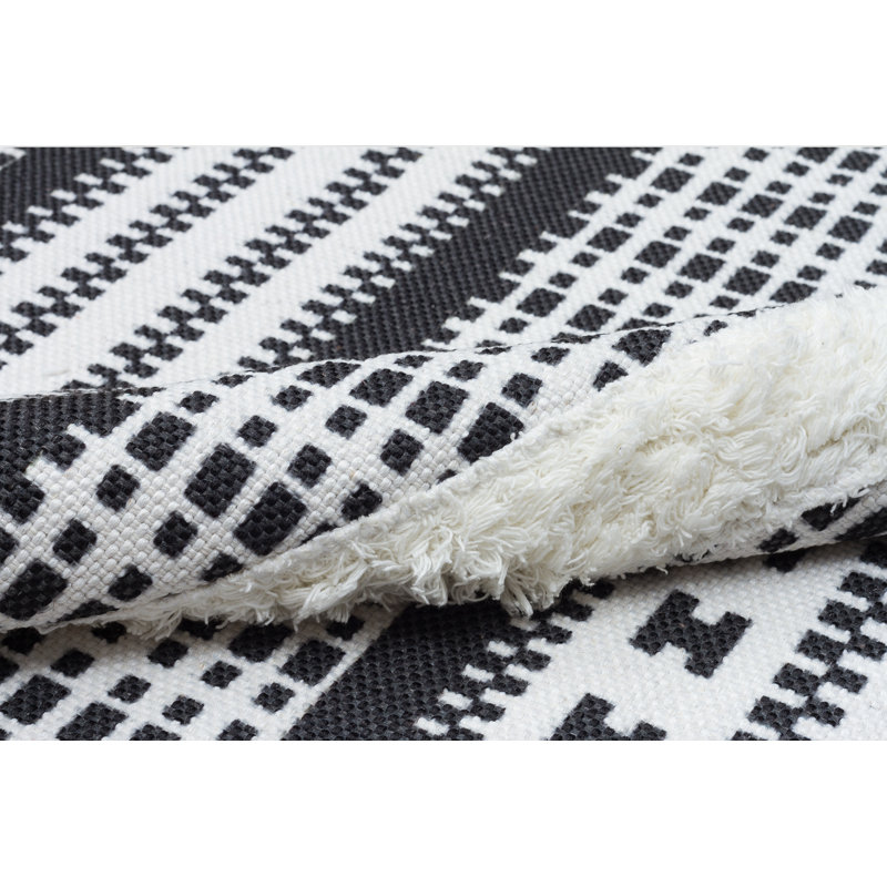 Rustic Black and White Fringed Authentic and Ethnic Pattern Flatweave Rug, Rectangle 3'11.24" x 5'10.87"