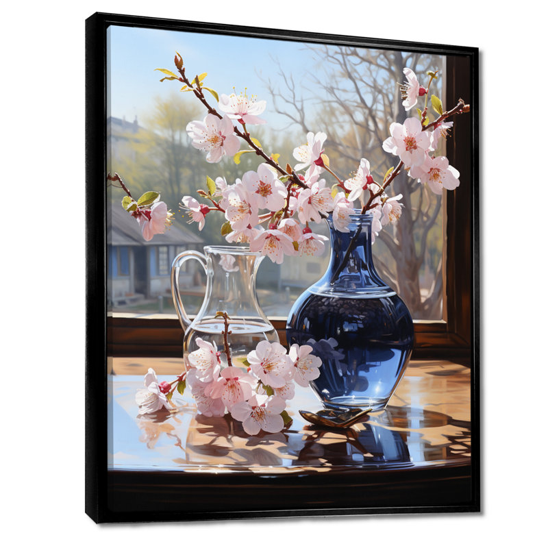 Nature morte, fleurs de cerisier roses, vase bleu - bouquets assortis, H 20 po x l 12 po x P 1 po