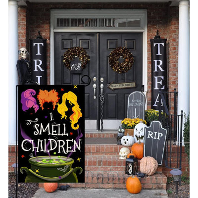 Décorations d'Halloween drapeau de jardin 12 x 18 vertical à double face, je sens des enfants, des sœurs qui tombent à l'extérieur de Hocus Pocus, drapeau de jardin en toile de jute BW204