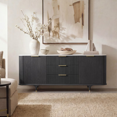 80'' Modern Fluted Solid Wood Sideboard Buffet with Adjustable Shelves Storage and Stone Slab Top