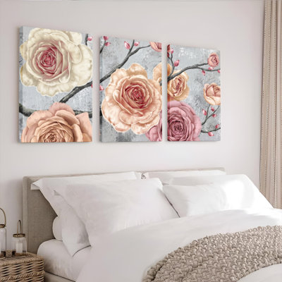 Ensemble de 3 tableaux muraux sur toile à motif floral de roses, pour la décoration du salon et de la chambre.